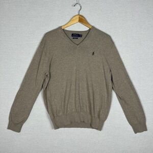 Polo Ralph Lauren Sweater Mens L Tan V Neck Pima Cotton Pony Preppy Heritage